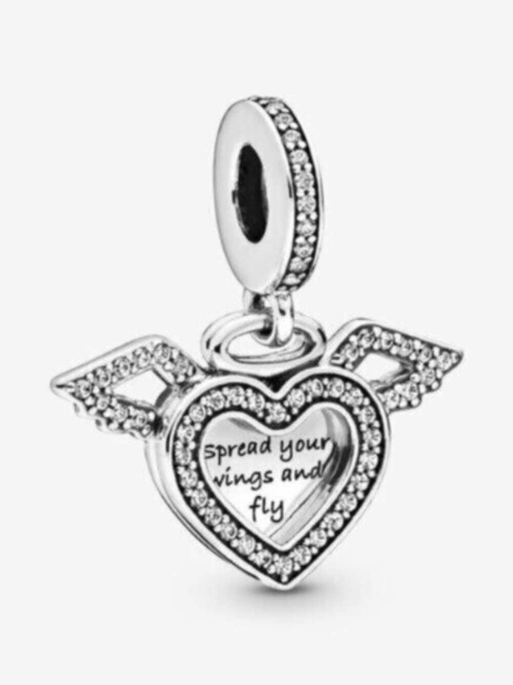 Pandora Silver Heart Wings Charm with Crystals